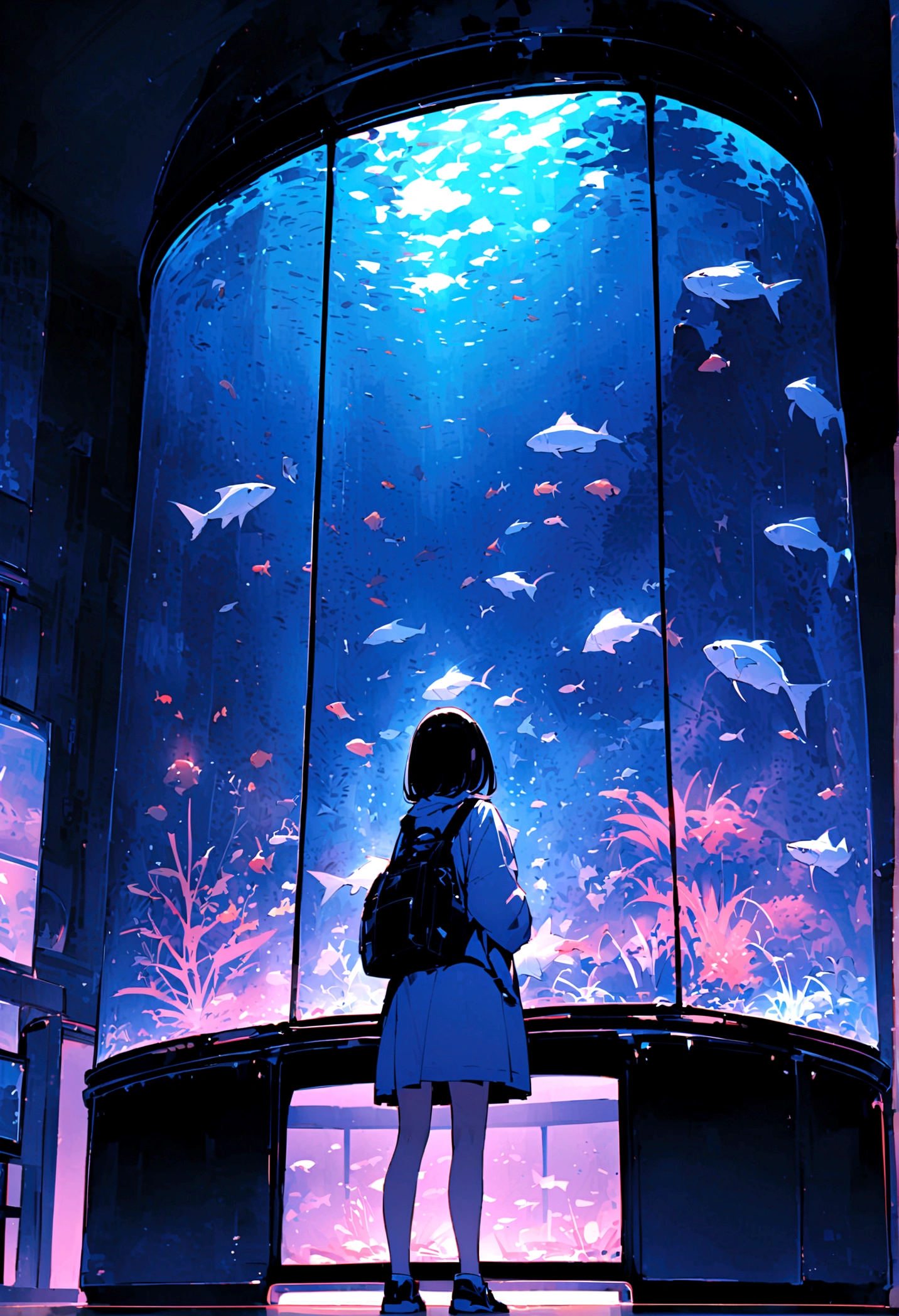 aquarium、A girl standing in front of a huge aquarium、Large single glass aquarium、Dimly lit interior、Quiet atmosphere、Girl looking up at a fish tank、There is a girl in the center、Angle of view from the rear、A tank much taller than the girl