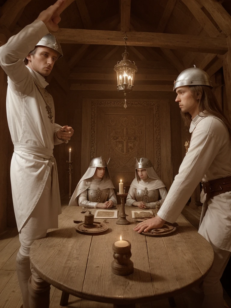 Seven Templar knights in a medieval stone room, sitting around a round wooden table. The table is finely carved with Templar symbols and paté crosses. The knights wear shiny armor and white cloaks with red crosses. Their helmets rest on the table, revealing serious and focused faces. Some knights lean forward, discussing strategies, while others listen attentively. The table is covered with ancient maps, scrolls, and bronze candelabras with lit candles. In the center of the table, there is a silver chalice. The torchlight creates a warm yet serious atmosphere, highlighting the determined expressions of the knights. In the background, Templar banners hang on the walls. The knights’ swords are long and detailed, with decorated hilts. Their shields are propped against the wall behind them, also adorned with red crosses. Medieval stone room, torchlight creating shadows, warm yet serious atmosphere, Templar banners on the walls.Seven Templar knights, shiny armor, white cloaks with red crosses, helmets on the table, serious and focused faces, swords with decorated hilts, shields with red crosses.Round wooden table, finely carved with Templar symbols, ancient maps, scrolls, bronze candelabras with lit candles, silver chalice in the center.