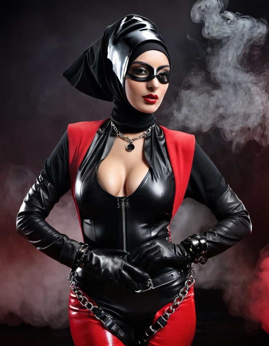 Very thin. Naked sexy model. in bdsm style. Latex hijab and mask. Shiny steel bracelets on top of black gloves. and Shiny steel bracelet necklaces are on her wrists. She wears a leather harness over her head and face. Leather garters on his feet.. Red, thick smoke in the background.