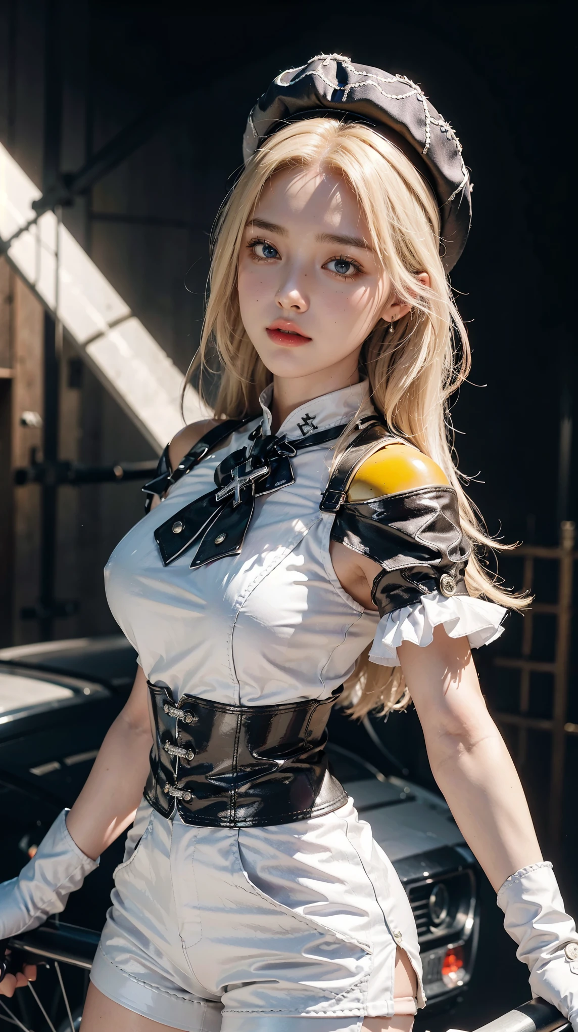 z23,, textured skin, 8k, beautiful detailed eyes, cinematic lighting, beautiful detailed face, ultra-detailed, world masterpiece theater, cinematic lighting,, 1girl, solo, blonde hair, purple eyes, hair bow, white shirt, beret, bare shoulders, gloves, iron cross, bike shorts, :d, armband, white gloves, cowboy shot,