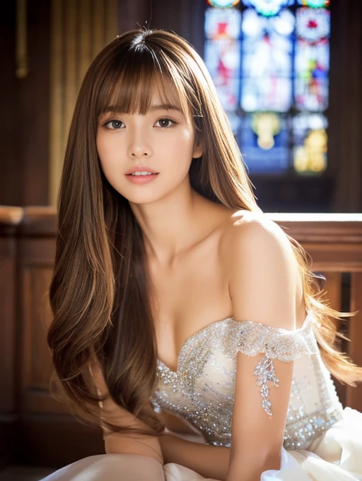 ((whole body)) (big 1.4) Beautiful Fantasy Girl ((Highest quality)), ((masterpiece)), (Get used to it), Perfect Face (1 Girl) (French) (she 、The cutest teen in France.) ((Highest quality)), ((masterpiece)), length blonde hair length, 輝く茶colorの髪,Golden Silky Hair, Straight Brown Hair, length blonde straight hair, Perfect Silky Straight Hair, Straight Brown Hair, length blonde hair, sheの髪は長くてまっすぐだ, detailed length ((big 1.4)) Super Long Hair down to the ankles ((Neat bangs The neatly trimmed bangs are princess cut and cover the entire forehead......))... 明るい深紅colorの唇 good, Anatomically correct hand Thin fingers Anatomically correct5本の指 Sexy professional makeup Beautiful French girl face, French facial features, Long Hair shiny Long Hair, length, 輝く茶colorの髪, length, Straight Brown Hair, sheの髪は長くてまっすぐだ, Super Long Hair girl, Silky Hair, Brown hair, Silky Hair, length, Flat Hair, Silky texture, Long Hair, length, Flowing brown hair, thin and shiny hair Anatomically correct、White beautiful human skin and detail of hands and fingers Beautiful Eyes Mouth Details the corners of the mouth rise slightly Cool look (眉毛のcolorは濃い茶colorです) (黄color dress posing for a picture, Disney Portraits, tumbler, What it is?, wearing organza gown, dressed beautiful gown, lady using 黄color dress, color: 黄color, A woman wearing a sparkly floral dress, elegant 黄color skin, gown, Fantasy Dress, Formal Wear, light 黄color beautiful gown, 黄color theme ) (A church with high quality stained glass..) (she'Random Pause) (Random model standing pose)、Dressed in a white tank top、ヒップオーバーのLong Hair、太ももまであるLong Hair