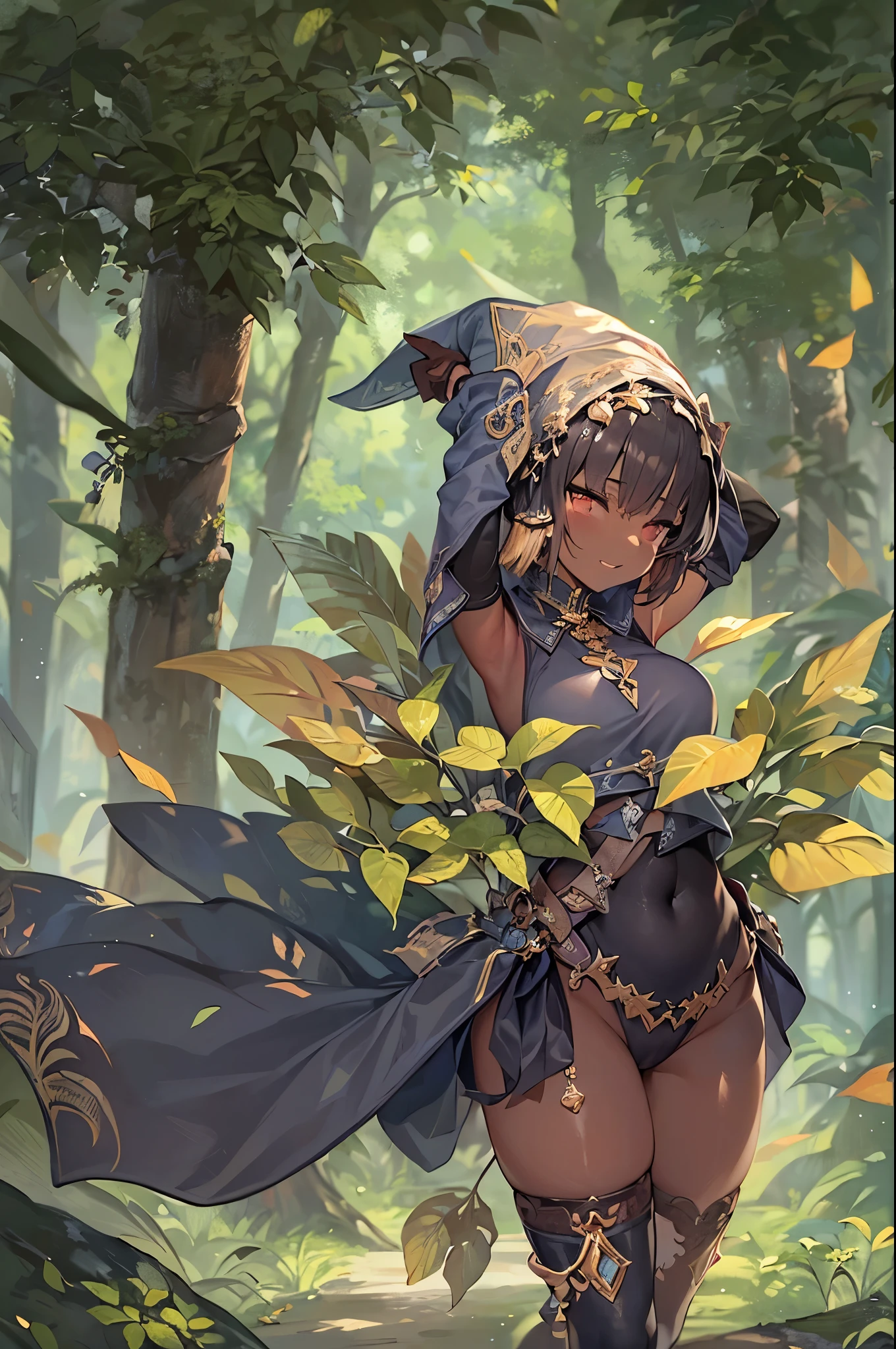fantasy, 1forest_elemental_girl, (dark_skin)0.9, (using_leaves_clothes, green_leaves_covered_breasts, leaves_covered_pussy)+++,large_breasts, walking, (smile, sleepy)+, medium_hair, navel, oil, (winding_vine_around_torso)++, forest_background, leaves_headgear, green_leaves_cape,armpits, spread_arms, large_staff, thighhighs, plump,