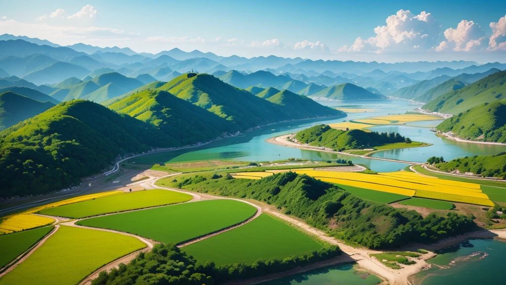 Beautiful scenery of Korean countryside, Aerial view, Photorealistic photos, High definition, 8K