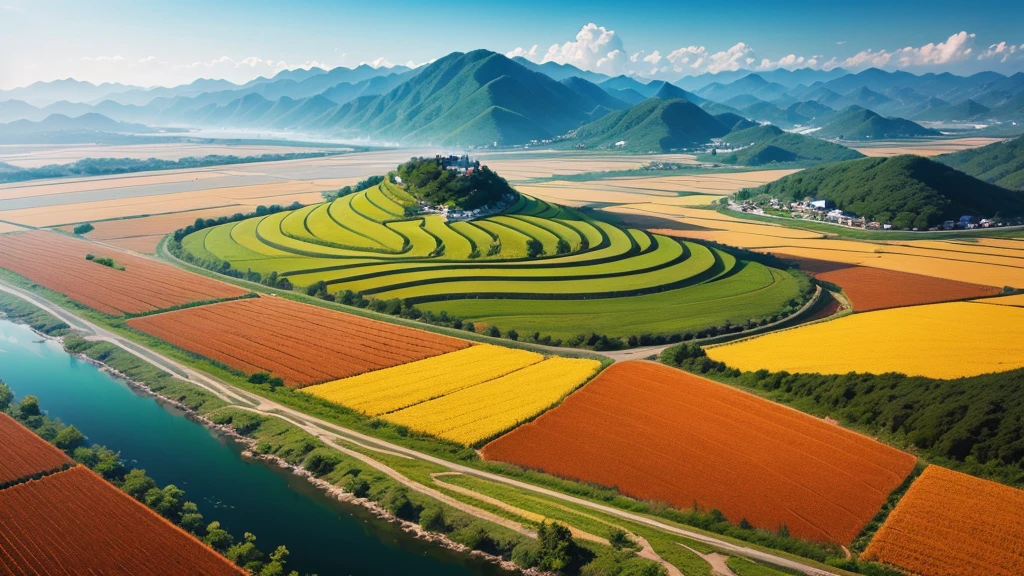 Beautiful scenery of Korean countryside, Aerial view, Photorealistic photos, High definition, 8K