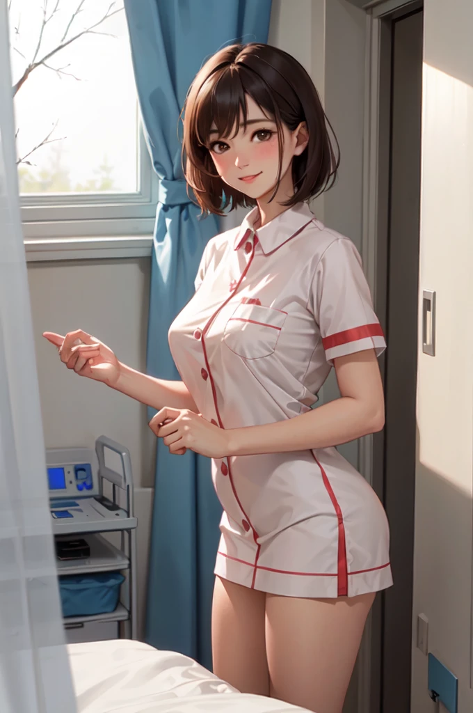 1lady standing next to the bed, nurse, /(nurse uniform/), /(brown short hair/), blush kind smile, (masterpiece best quality:1.3) delicate illustration ultra-detailed , large breasts BREAK /(hospital patient room/) patient's bed /(window tree/)