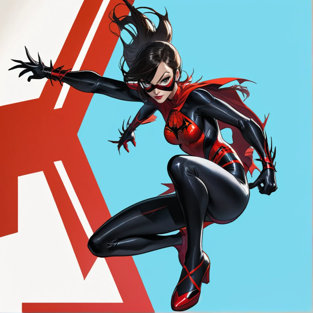 Batman comic book character in a black and red suit jumps, ( ( spider woman ) ), spider woman!!, spider woman!!!!!, spider woman, Spiderman in futuristic style, Batwoman, thousands of manners!!!, Juan Villafuerte, Rick Naguaro, lara croft as spider woman, mila jovovich as spider woman, Pedro Álvarez Castelló