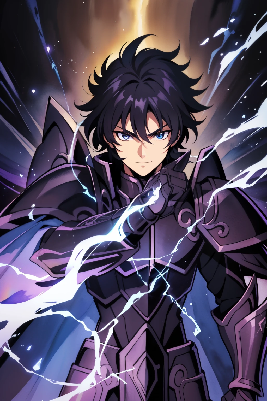 (high quality, amazing),(expressive eyes, Perfect face), 1 chico, male, Alone, half cuerpo, armor, dark onyx purple armor, saint seiya armor, spectre armor, fantasy armor, black fur, short hair, Brown eyes, ( watercolor \(half\), black background, Little smile, zoom out, dark fantasy 