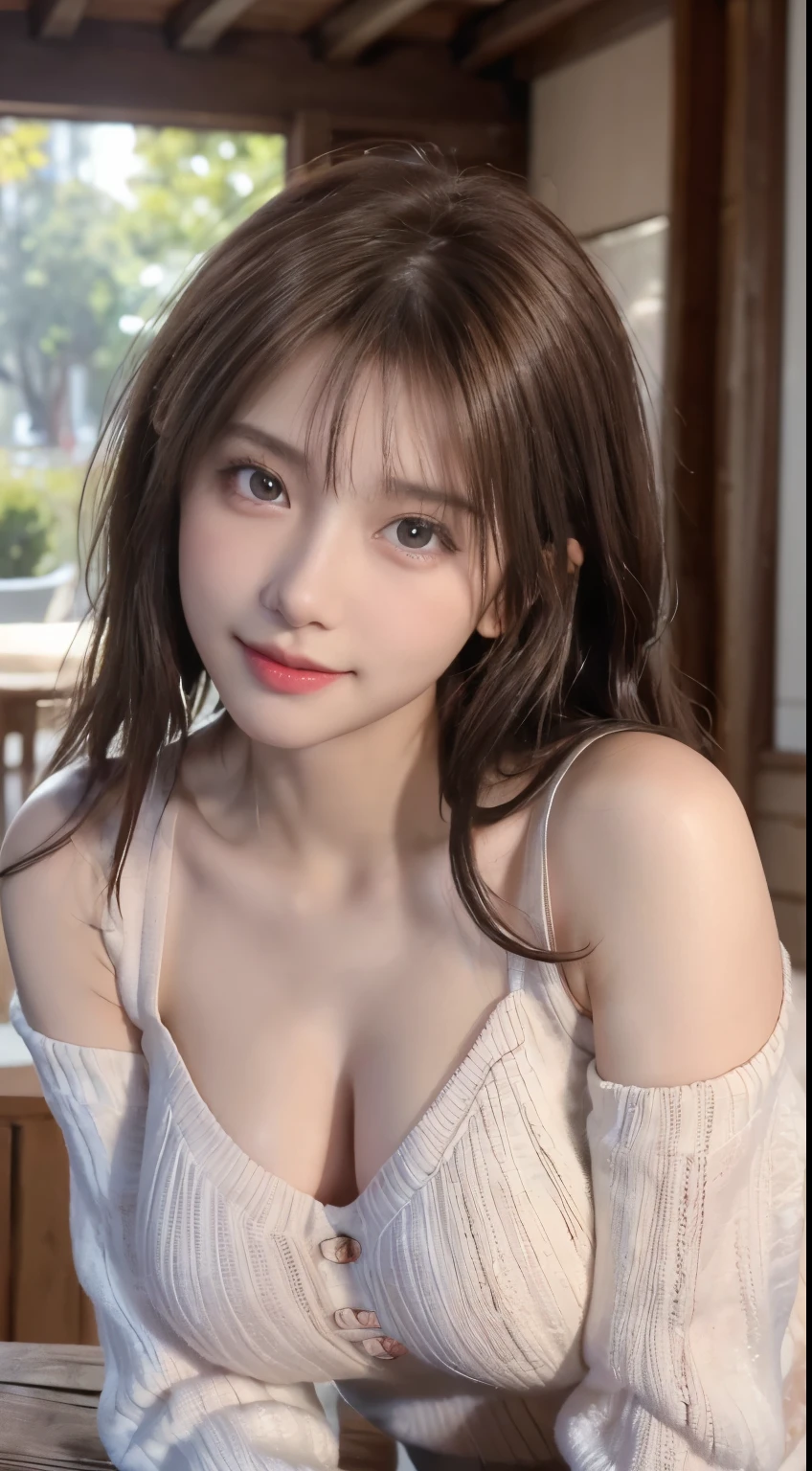 (logo, masterpiece, 8K, Tabletop, RAW Photos, wonderful, 最high quality, Photorealistic and very detailed CG composite 8k wallpaper, high quality, Very detailed, Narrative poem, Particle Effects, Dynamic Effects, Depth of the Boundary, Cinematic Light, Lens flare, Ray Tracing), short hair beautiful young woman, Hair tied back, high detail skin, very fine, fine skin texture, beautiful face, realistic eyes, beautifully detailed eyes, realistic skin, beautiful skin, surreal, smiling eyes, Hair and light eyes, Vibrant, Colorful lights and bokeh. The lighting casts a warm glow on her face and hair, Blue glow, Water surface reflection, Creates a dreamy and magical atmosphere, Big Breasts, Brown Hair, short hair, plump lower lip, pink blush on the cheeks , pink lips, brown tight no-shoulder knit sweater