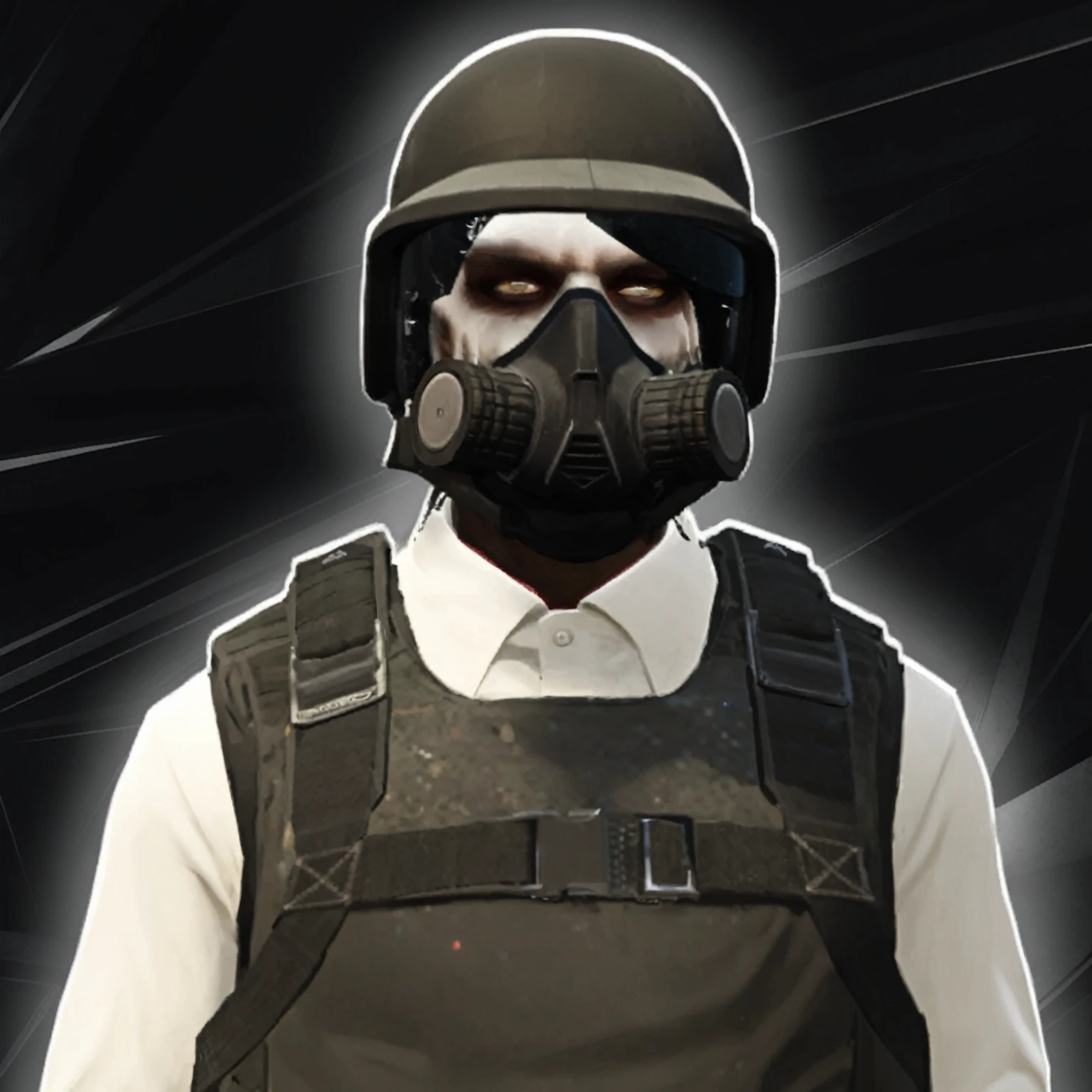 arafed man wearing a gas mask and a black vest, spec ops mask, specification - head of operations, specification - head of operations with mask, clearing [[bronze]] face [mask], gta v character, combat gear, in a dark space mercenary outfit, dark visor covering face, soldier clothing, future soldier outfit, refined face and muzzle