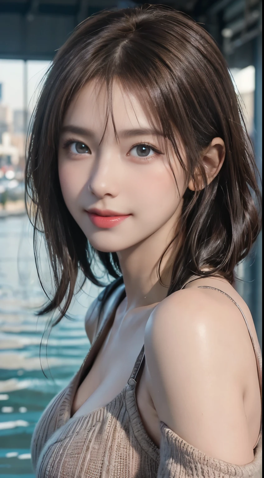 (logo, masterpiece, 8K, Tabletop, RAW Photos, wonderful, 最high quality, Photorealistic and very detailed CG composite 8k wallpaper, high quality, Very detailed, Narrative poem, Particle Effects, Dynamic Effects, Depth of the Boundary, Cinematic Light, Lens flare, Ray Tracing), short hair beautiful young woman, Hair tied back, high detail skin, very fine, fine skin texture, beautiful face, realistic eyes, beautifully detailed eyes, realistic skin, beautiful skin, surreal, smiling eyes, Hair and light eyes, Vibrant, Colorful lights and bokeh. The lighting casts a warm glow on her face and hair, Blue glow, Water surface reflection, Creates a dreamy and magical atmosphere, Big Breasts, Brown Hair, short hair, plump lower lip, pink blush on the cheeks , pink lips, brown tight no-shoulder knit sweater