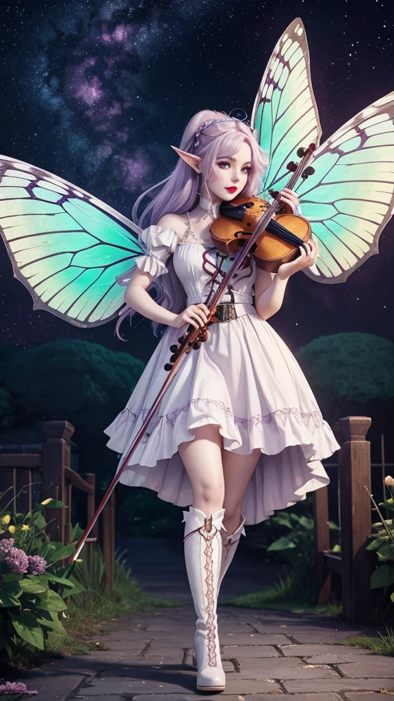 Irish woman, anime, modest, beautiful, high quality, night, 8k, long waist length light pale purple hair, green eyes, red lips, eyelashes, long victorian white dress, boots, elf ears, large colorful butterfly fairy wings, violin, standing