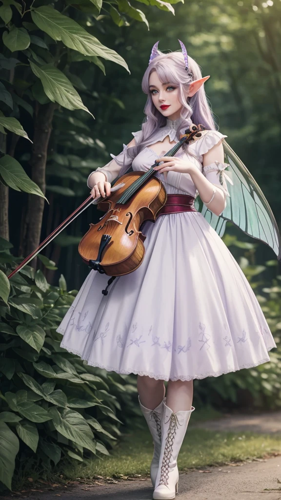 Irish woman, anime, modest, beautiful, high quality, night, 8k, long waist length light pale purple hair, green eyes, red lips, eyelashes, long victorian white dress, boots, elf ears, large colorful butterfly fairy wings, violin, standing