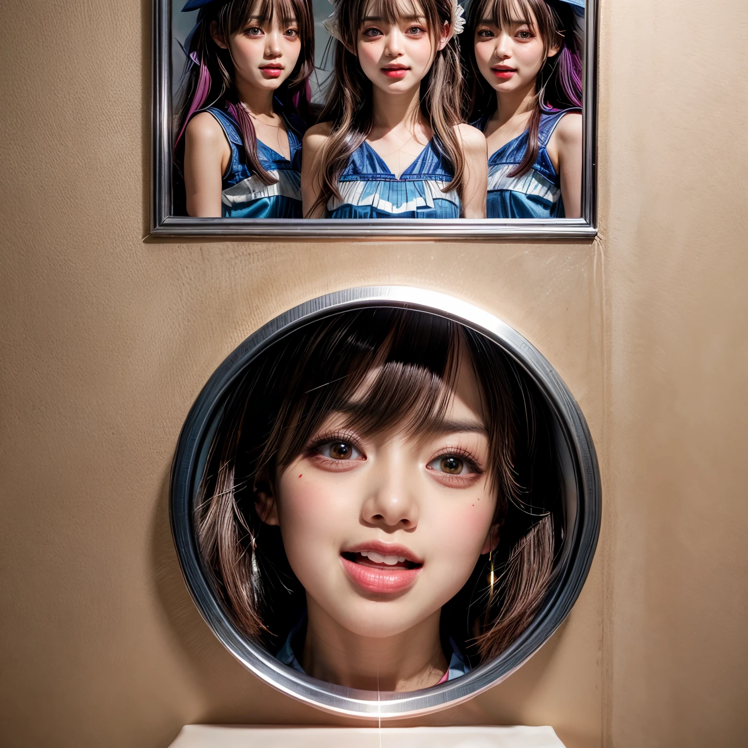 through wall, SchoolGirls wearing uniforms, PUNIPUNI Radiant PearlSkin with Transparency, no legwear, PriceTags NamePlate . (Character concept art:1.37), Different types of hair colors, (((NOGIZAKA face variations)))  Extremely Detailed very KAWAII face variations, perfect anatomy, Childish CaptivatingGaze Elaborate Pupil with (sparkling highlights:1.2), DoubleEyelids with Detailed[Voluminous LongEyelashes], Small GlossyRedLips with BeautifulDetails, CoquettishTongue, PUNIPUNI RosyCheeks  { (Dynamic Joyful Expressions LifeLike Rendering:1.4) | (:d) }, (large eyes:-1) . (Acutance:0.8) NSFW_MouthGloryHole_ownwaifu