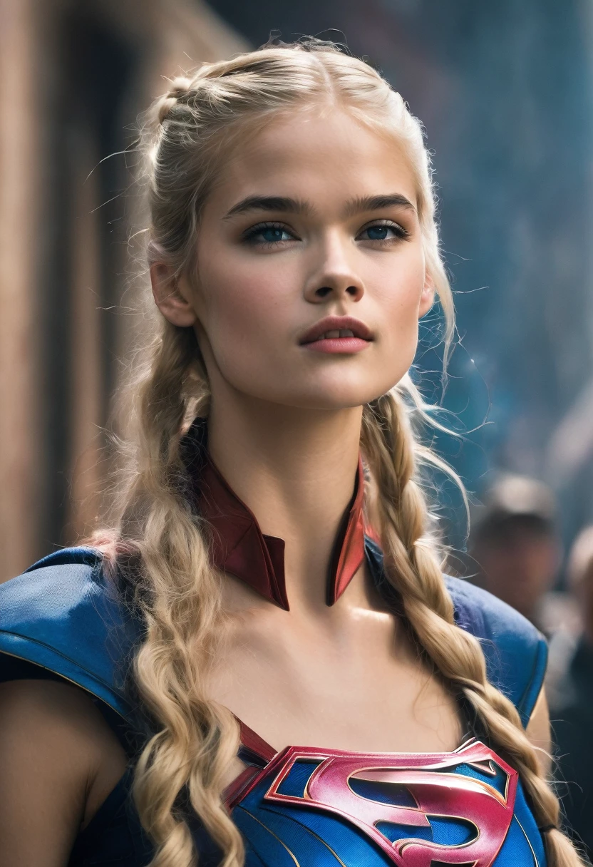 (((Extreme close-up of a beautiful woman Gabriella Wilde long blonde hair(((Hair gathered in a ponytail and abundant )))under the mantle of the Kryptonian Kara zor-The alias Supergirl images Surreal cinematographic HD images Color Splash))),(((Front Images))),(((dreadlocks)))