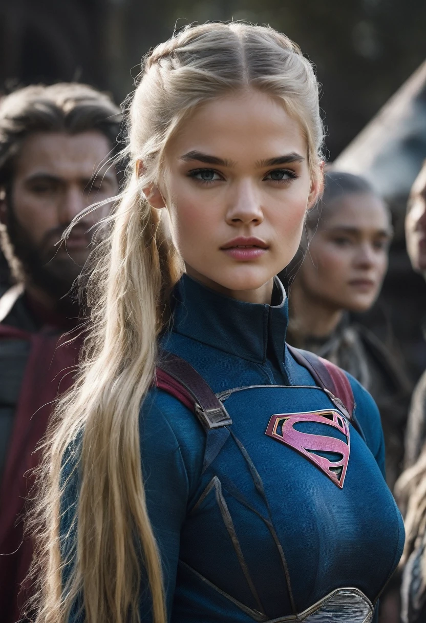 (((Extreme close-up of a beautiful woman Gabriella Wilde long blonde hair(((Hair gathered in a ponytail and abundant )))under the mantle of the Kryptonian Kara zor-The alias Supergirl images Surreal cinematographic HD images Color Splash))),(((Front Images))),(((dreadlocks)))