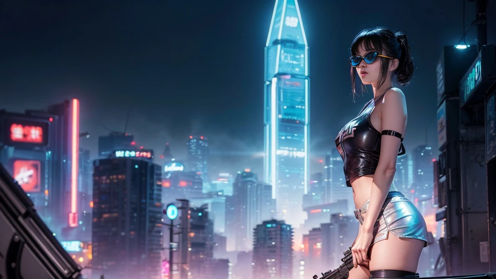 8k, Realistic Skin Texture, Realistic Photo, Neo Tokyo, slim women, large-breast:1.4 cleavage:1.3, AD2050 at night, Dirty hunting jacket, Wearing tube top, miniskirt, (((black sunglasses, automatic rifle, sneakers, cold, shooting pose, very low angle view))), Innovative composition, revenge, cyberpunk, blade runner worldview, Large neon sign, Geisha hologram sign, Strong Wakamoto Sign.