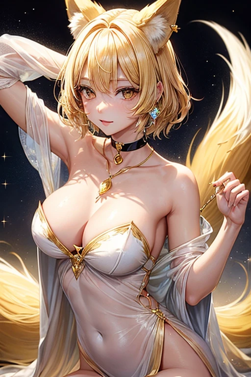 human, (Golden fox ears:1.1), Blonde Short Hair, (choker:1.1), beautifully, (Dazzling Diamond Teardrop Pendant:1.1), (Fox&#39;s Tail:1.1), Long legs, Sharp details, (Heavy chest), (Bubble Butt), (Wide Hips:1.1), (Slim waist:1.1), (Thick thighs:1.1), (Detailed face and eyes:1.2), (An athletic body:1.1), (Perfect Anatomy), (humanの顔), (long black claws:1.1), (Naughty look:1.1), (Blue mascara and lips:1.2), (Detailed hands and fingers:1.2), (Medium chest:1.2), (Big Breasts), (Deep valley:1.2), (Labia Contour:1.3), (Hard nipples:1.3).