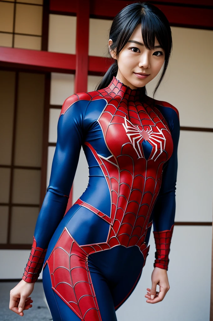 Create a Japanese woman with a tight spiderman suit