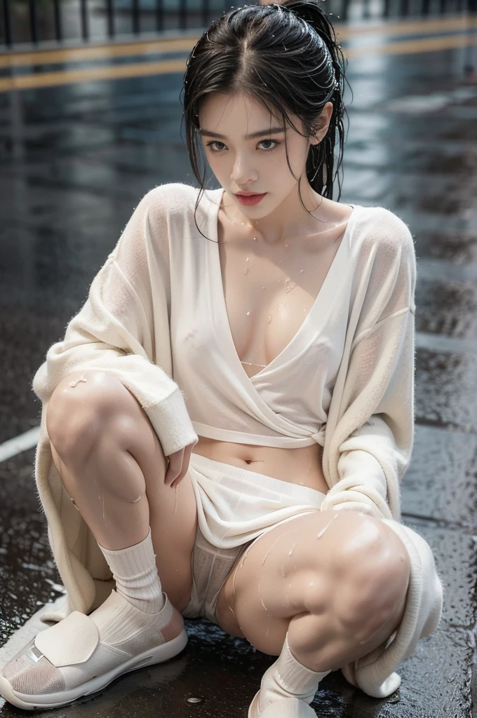 (((best quality))),(((ultra detailed))),(((masterpiece))),illustration,((1 beautiful girl,solo)),((slim,thin)),short ponytail,((small breasts,flat chest)),white long-sleeved shirt,cleavage,navel,briefs,slender legs,white socks,slippers,rainy night, heavy rain, drenched clothes, melancholy expression, solitude, tear rolling down cheek, wet hair, empty streets, dimly lit, deserted environment, sound of rain, footsteps, symbol of hope, abandoned, resilience, determination, walking in rain, heartbreak, loss, love fading, loneliness, body language, facial expression, dreary atmosphere, rain-soaked streets, somber mood, viewer engagement,from front,urban scape,night scene,(((wet,sweat,shiny skin))),((sitting on the ground,arms behind back,spread legs apart)),