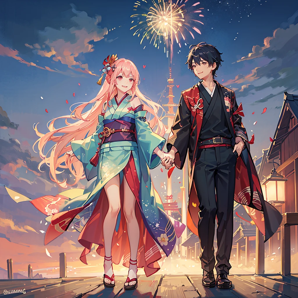 Couple,(Boy 1:Girl 1)Lovely,smile,Fleeting,romantic,atmosphere,landscape,The girl is wearing a kimono,Holding hands,Beautiful fireworks in the night sky,Lots of fireworks,Beautiful night sky,summer祭り,summer,Festivals,youth,Heart-pounding