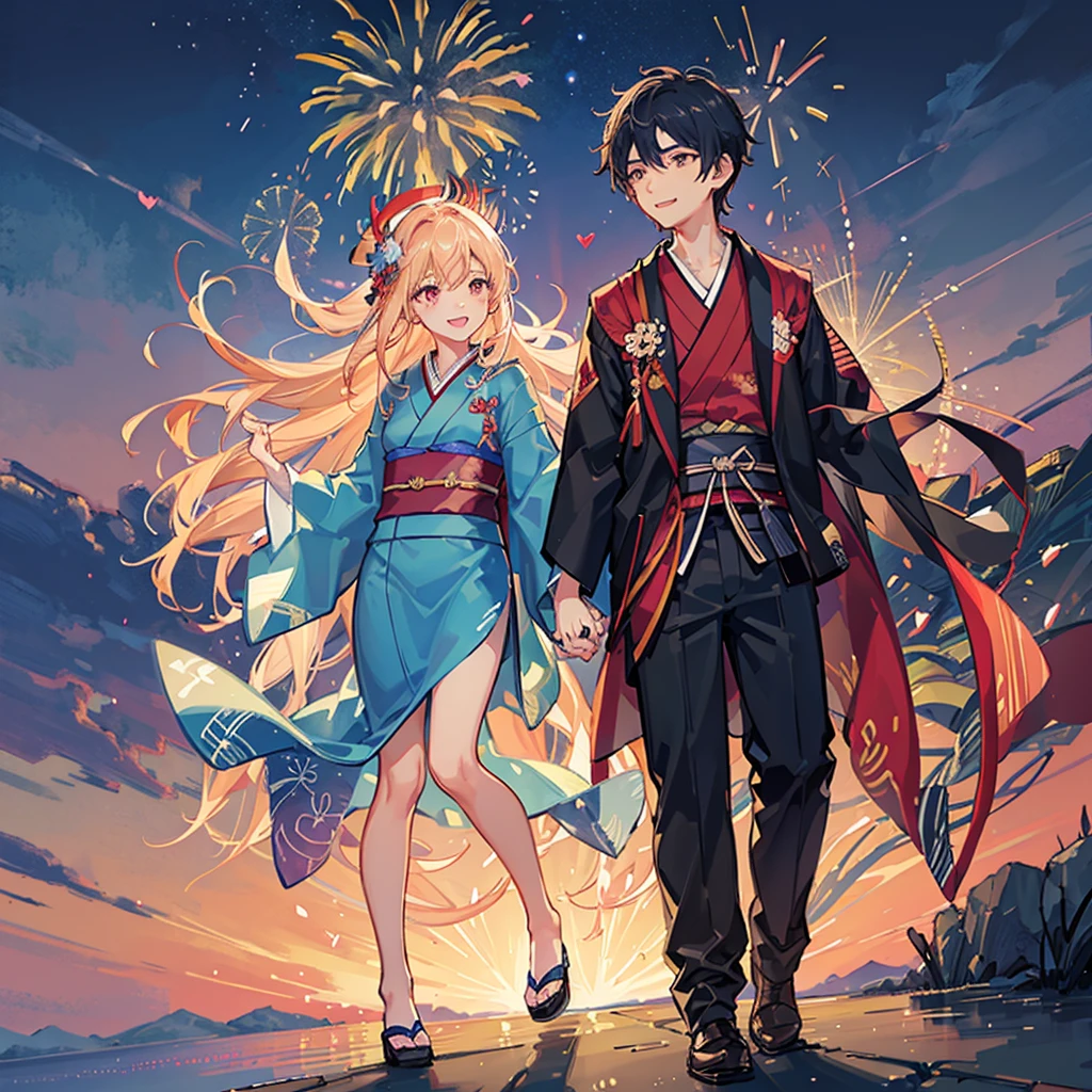 Couple,(Boy 1:Girl 1)Lovely,smile,Fleeting,romantic,atmosphere,landscape,The girl is wearing a kimono,Holding hands,Beautiful fireworks in the night sky,Lots of fireworks,Beautiful night sky,summer祭り,summer,Festivals,youth,Heart-pounding