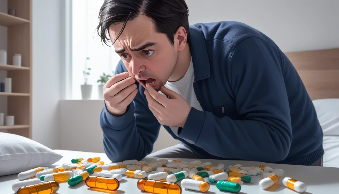 a  man taking to many pills that a panic attack commence