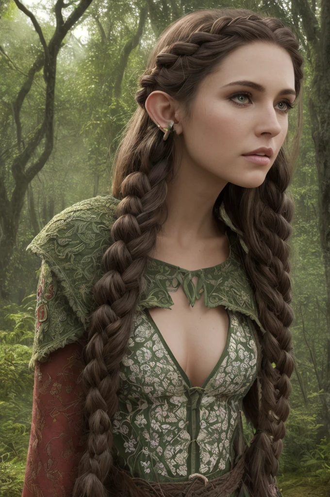 upper body close-up, druid female elf, multiple stitched layer cloth armor, intricate floral pattern, long dark brown hair, long braid hairstyle, detailed face and eyes, mature woman, forest lake with ruins background, volumetric light, god rays, long elf ears, green and red outfit, wooden accessories