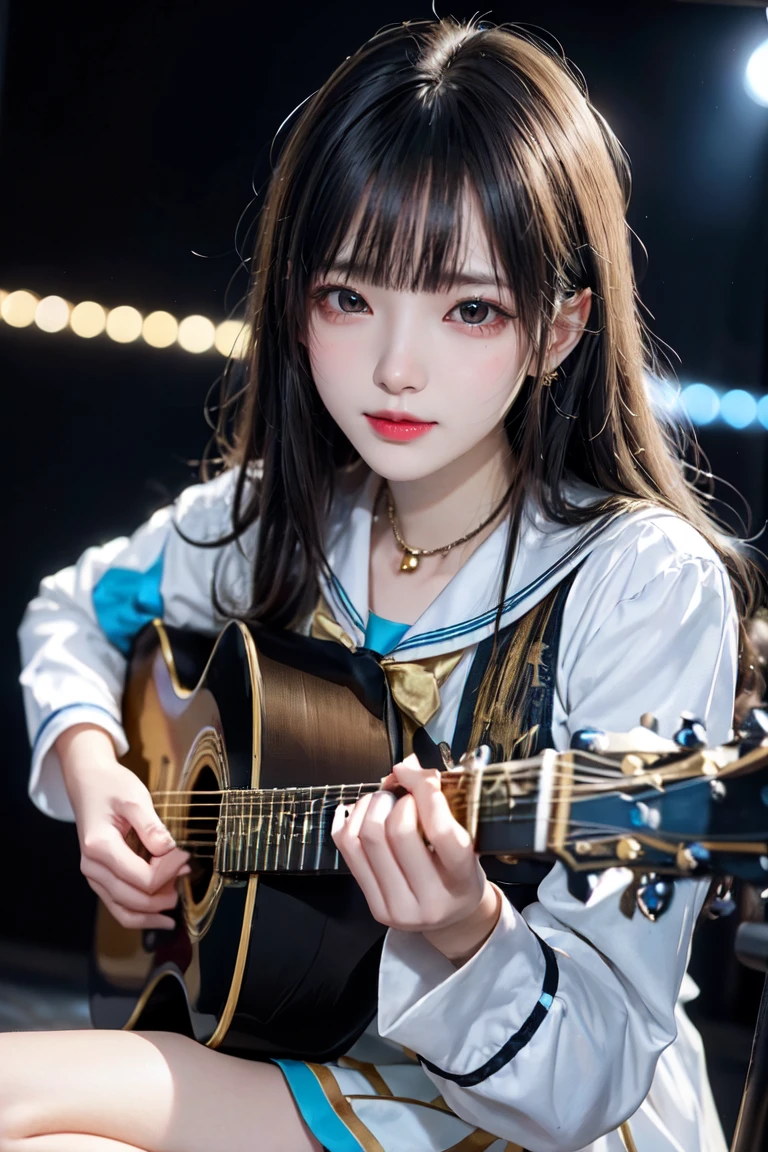 (Highest quality), masterpiece, Extremely detailed CG8K Painting, High collar, Extremely High collar saturation, All colors become darker, Painting, Graffiti art, center composition, Highly detailed lights and shadows, woman sitting and playing guitar、Brunette messy hair、precision 6 string Acoustic guitar:1.2、Anatomically correct fingers、Acoustic guitar、1 guitar only、Please look straight ahead and sing、(Keep your face forward:1.2)、Sailor suit、There are lots of candles around、Dim atmosphere