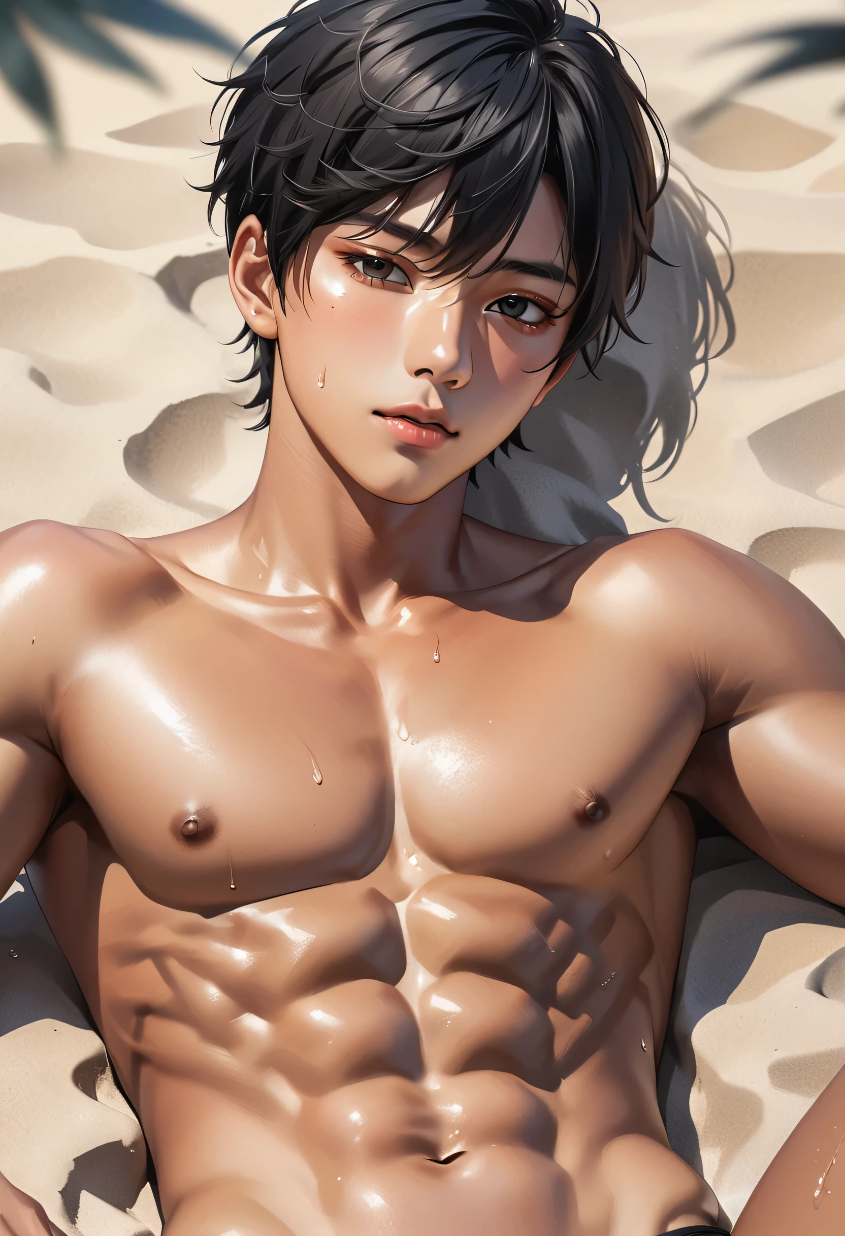 high quality, detailed, Realistic, (one 16 years old japanese boy), (detailed black eyes), (abs:1.5), (shiny skin), detailed nipples, black hair, (black tiny thong), (erected bulge), summer noon, (smile:0.7), close up face, laying on my side shot,