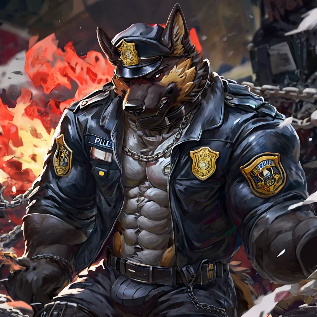 muscular male anthropomorphic german shepherd, black leather jacket, black leather collar, police badge, sliver chain, rugged and intimidating, full sliver watch