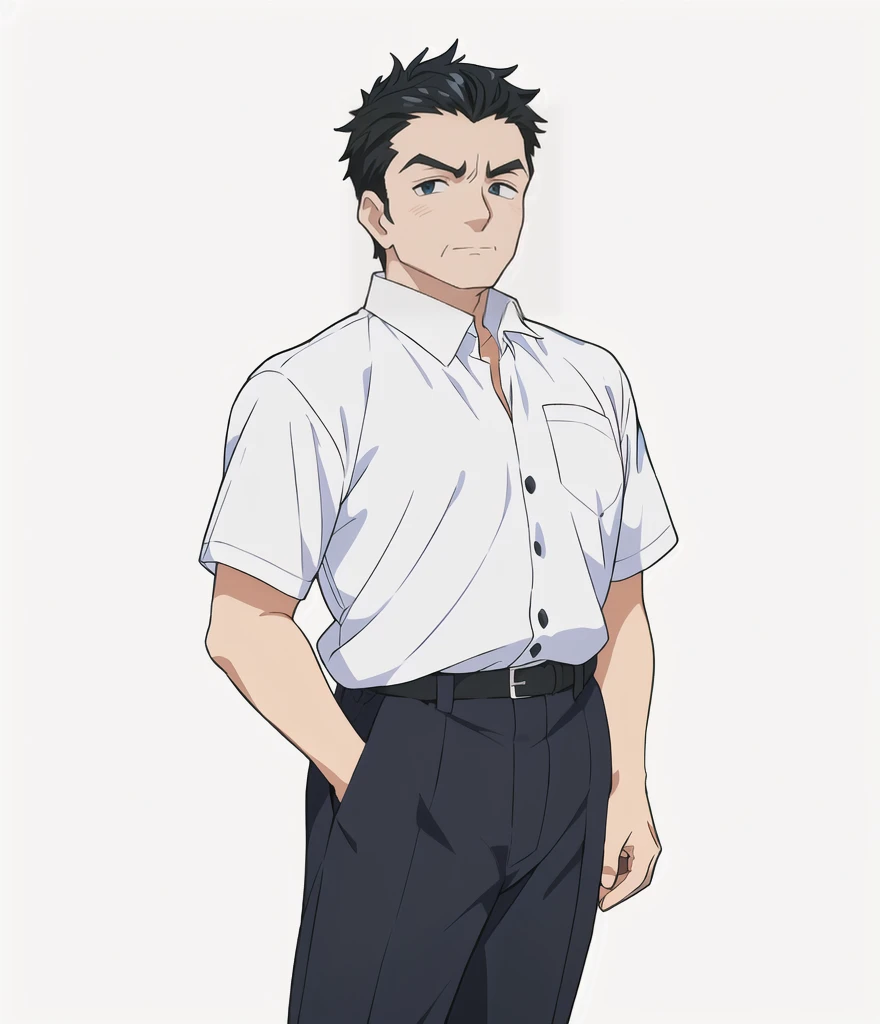 Highest quality, high resolution, High quality anime art style, Official Art, Smooth anime CG art, Stylized anime, Visual Novel Sprites, White background, whole body, Anime-style 3D, Smooth anime CG art, Humanoid middle-aged man, criminal, A man wearing a white shirt and grey trousers, Tough-faced man, Deeply carved face, Long face, Nasolabial folds, Black Hair, Crew cut, Slanted Eyes, Slightly open eyes, 50 years old,