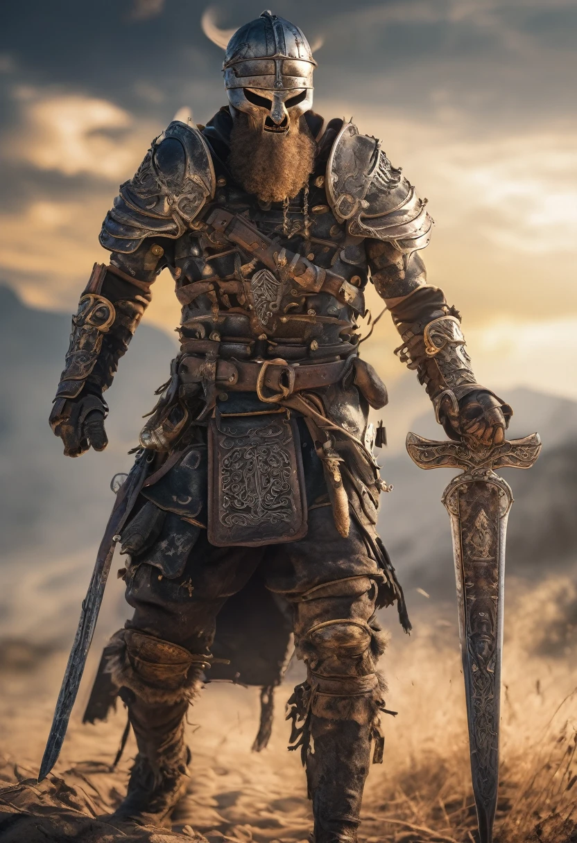 (full body male skeleton), viking warrior, his iron helmet and his metal straps and protectors, that reveal a dirty and torn tunic with his berserk sword, through the heat of battle, Stay in a war zone on a dynamic walk, golden hour lighting, (Intricate details of the machine).photorealistic picture,maximum sharpness, 8 k quality.(top quality masterpiece).