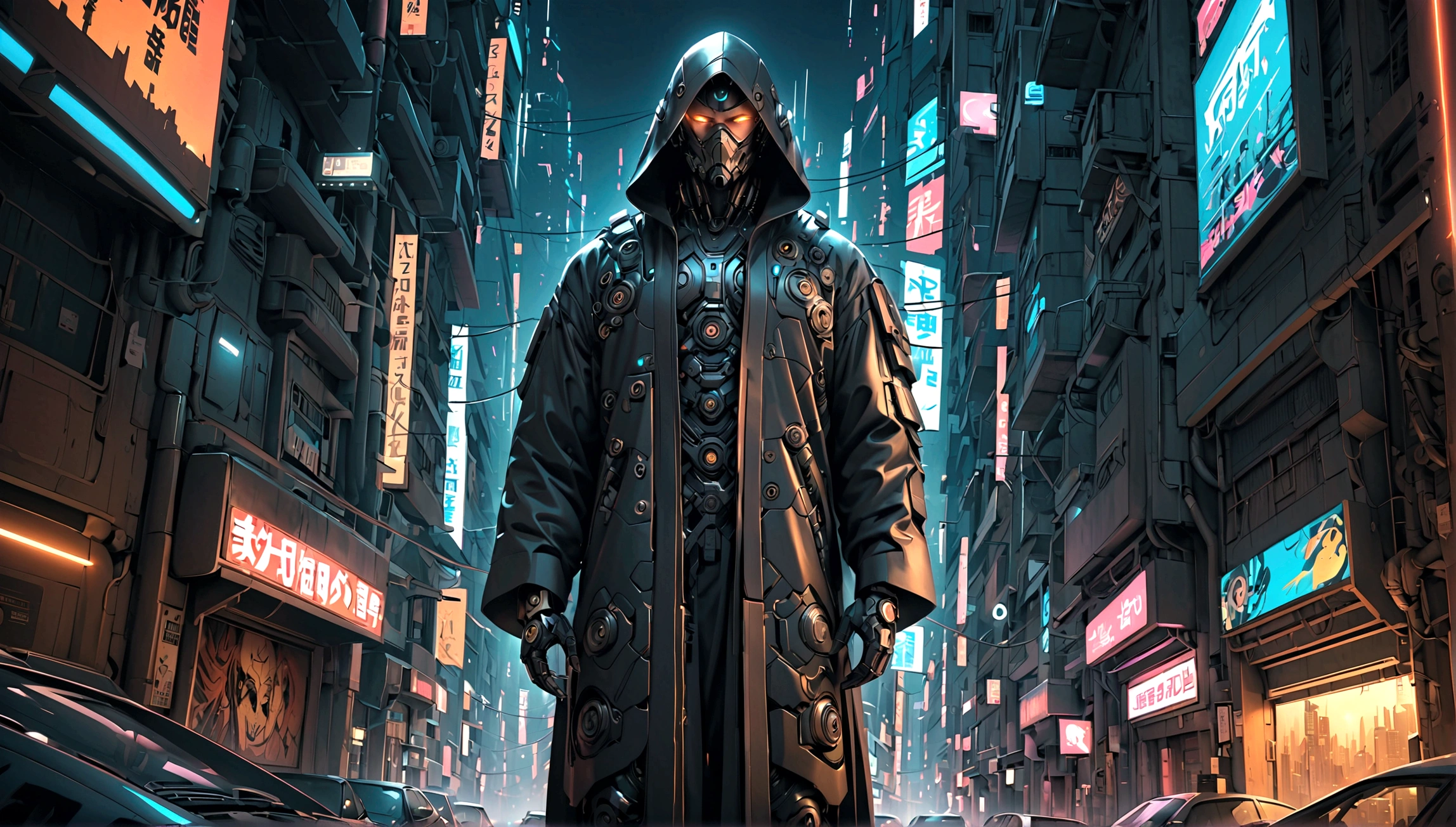 (highest quality:1.3), (Top performance:1.2), (Best illustrations:1.2), (Manga style:1.2), (Art Film Lighting:1.2), cowboy shot, (1 person) Wearing futuristic technology cyberpunk electronic robe, His body is covered in metal parts., Horror movie-like background of a futuristic cyberpunk city.