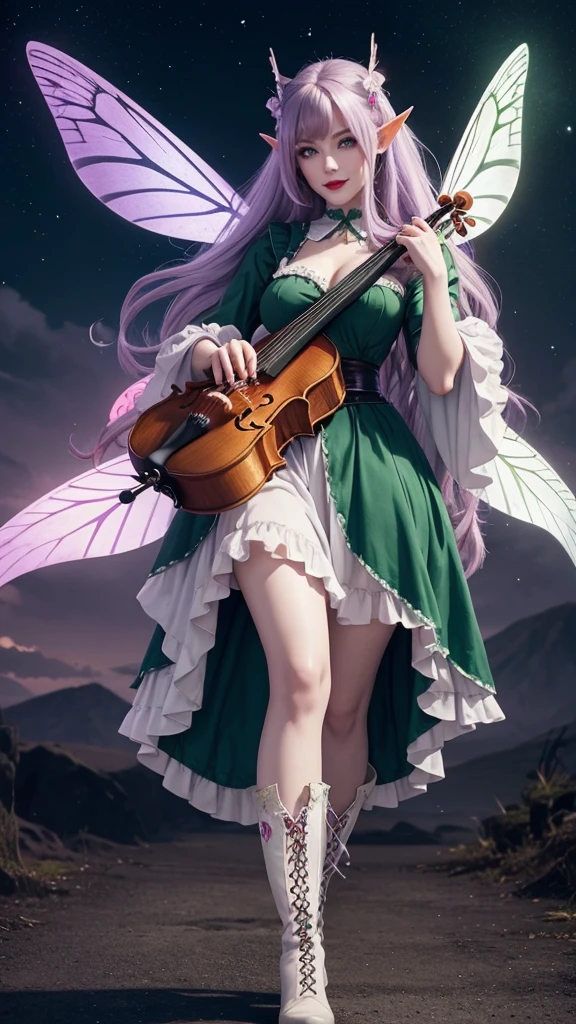 Irish woman, anime, modest, beautiful, high quality, night, 8k, long waist length light pale purple hair, green eyes, red lips, eyelashes, long victorian white dress, boots, elf ears, large colorful butterfly fairy wings, violin, standing