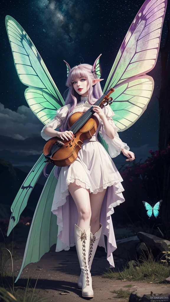 Irish woman, anime, modest, beautiful, high quality, night, 8k, long waist length light pale purple hair, green eyes, red lips, eyelashes, long victorian white dress, boots, elf ears, large colorful butterfly fairy wings, violin, standing