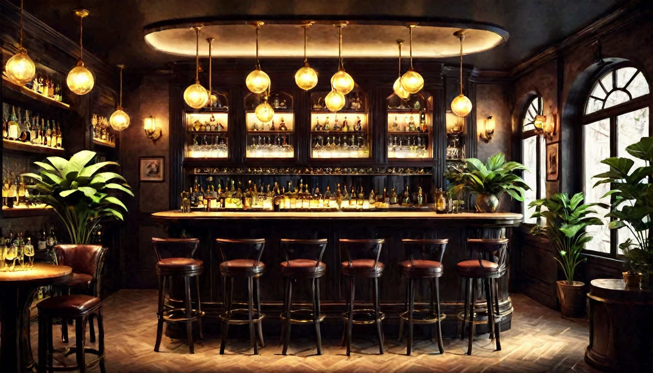 Create a digital illustration of a classic and sophisticated bar interior. The bar features a warm and inviting atmosphere with ambient lighting from lamps and candles. The bar counter is made of rich, dark wood, and is accompanied by leather-upholstered high chairs. Antique-style tables and chairs are arranged around the room, and vintage posters and art decorate the walls. Potted plants add a touch of nature. The setting includes a friendly bartender mixing cocktails behind the counter and low, smooth jazz music playing in the background.　Counter close-up、glass、Water Drop、Golden liquid、
