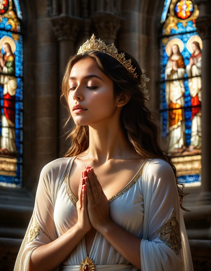 (best quality,4k,8k,highres,masterpiece:1.2),ultra-detailed,(realistic,photorealistic,photo-realistic:1.37),cathedral,girl praying to God,nude,artistic photo,pure beauty,sunlight streaming through stained glass windows,serene expression,innocent and ethereal,breathtaking atmosphere,hushed whispers of devotion,divine connection,transcendent moment,sacredness,dreamlike quality,sublime lighting,architectural magnificence,divine embrace,elaborate sculptures and carvings,heavenly aura,spiritual journey,vibrant colors,dappled light,ethereal glow,heavenly realm,the girl's graceful curves highlighted by the sunlight,female form celebrated as art,prayerful solitude,peaceful serenity,spiritual enlightenment,unspoken desires,touch of vulnerability,celestial ethereality,magical realism,exquisite details,poetic composition