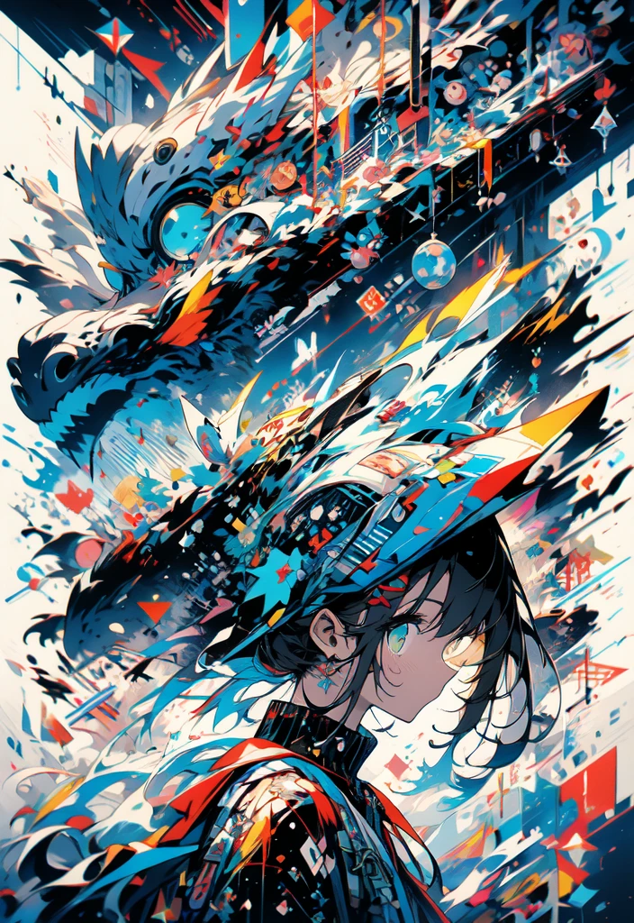 masterpiece, (beautiful and aesthetic:1.5), surrealism, highly detailed, anime, a side view painting of 1girl, wearing multicolored hoodie, blonde long hair, green eyes, red and dark blue color pallet, hard brush, gradient binary code effect, minimalist low poly collage illustration, paintings effect, heavy inking, featured on pixiv, saturated colors, hypercube, pixelsort, epic composition, epic proportion, dynamic lighting, HD