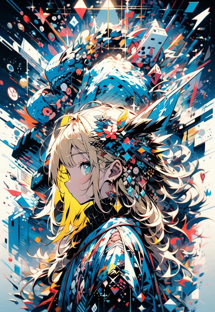 masterpiece, (beautiful and aesthetic:1.5), surrealism, highly detailed, anime, a side view painting of 1girl, wearing multicolored hoodie, blonde long hair, green eyes, red and dark blue color pallet, hard brush, gradient binary code effect, minimalist low poly collage illustration, paintings effect, heavy inking, featured on pixiv, saturated colors, hypercube, pixelsort, epic composition, epic proportion, dynamic lighting, HD