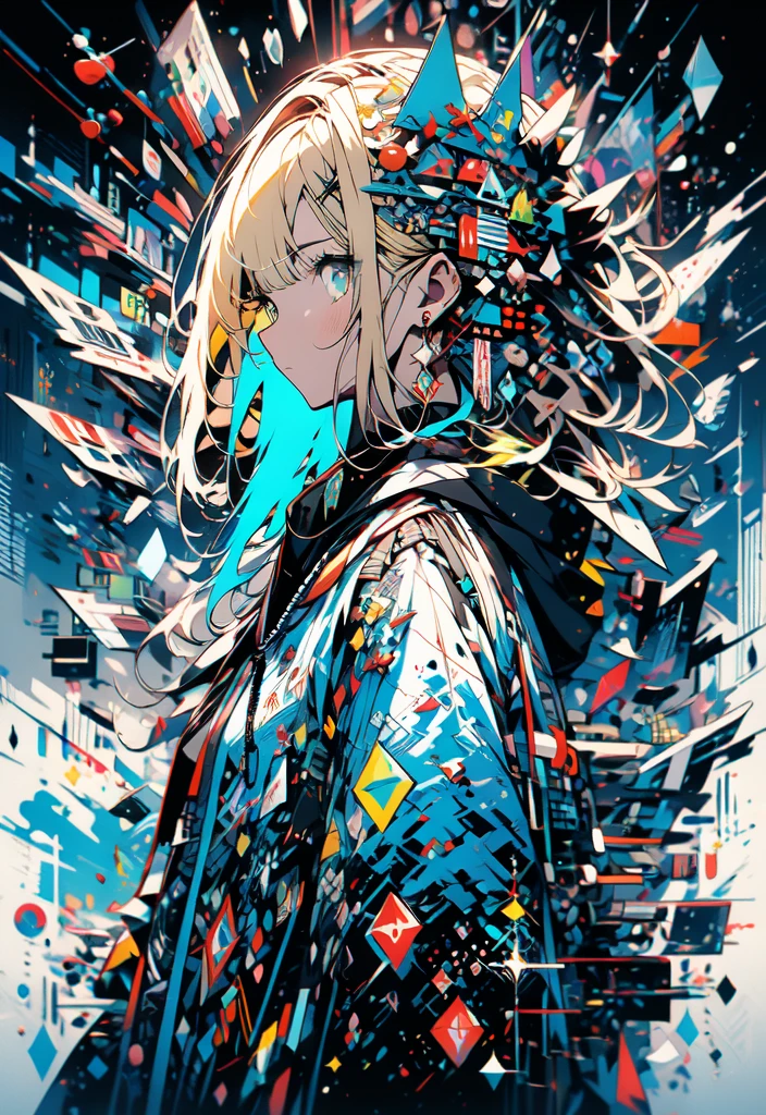 masterpiece, (beautiful and aesthetic:1.5), surrealism, highly detailed, anime, a side view painting of 1girl, wearing multicolored hoodie, blonde long hair, green eyes, red and dark blue color pallet, hard brush, gradient binary code effect, minimalist low poly collage illustration, paintings effect, heavy inking, featured on pixiv, saturated colors, hypercube, pixelsort, epic composition, epic proportion, dynamic lighting, HD