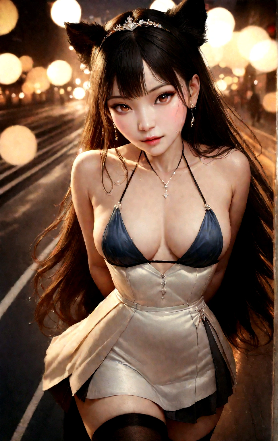 (8k, RAW photo, best quality, masterpiece:1.4), ultra high res, (realistic, photo-realistic:1.48),omertosa,1girl,(Kpop idol), (aegyo sal:1),cute, (super bokeh night city center:1.25), bokeh, night, traffic lights, road sign, rain, after rain, wet, professional lighting, detailed lighting, photon mapping, radiosity, physically-based rendering,Black pantyhosebloom, backlighting, depth of field, natural lighting, hard focus, film grain, one meter shooting distance, professional photoshoot, photographed with a Sony a9 II Mirrorless Camera, detailed eyes, realistic eyes, detailed shadow, looking at viewer, dog ears, detailed lighting, skirt, black skirt, thighhighs, black thighhighs, (detailed hair, realistic hair, realistic lighting, realistic shadow, realistic outfit), realistic skin, (gun on waist:1), realistic reflection of light from above, ((arms behind back)),(hands behind),tube top,sexy