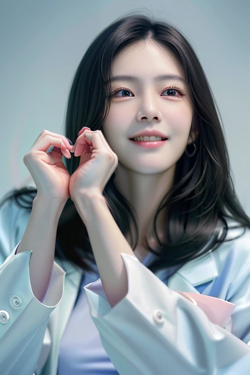 (cowboy shot:1.2), looking at viewer, smiling elegant slim asian woman, Korean, wearing (labcoat over scrubs:1.4), black hair, (heart hands), (modern surgery room), photo, 1girl, ultra high res, realistic photorealistic, ultra-detailed, finely detailed, high resolution, perfect dynamic composition, (perfect eyes), (detailed eyes), solid circle eyes, sparkling eyes, (clean eyes), anatomically correct, super detail, textured skin, extremely detailed face and eyes, detailed facial features, ((perfect face)), wide hips