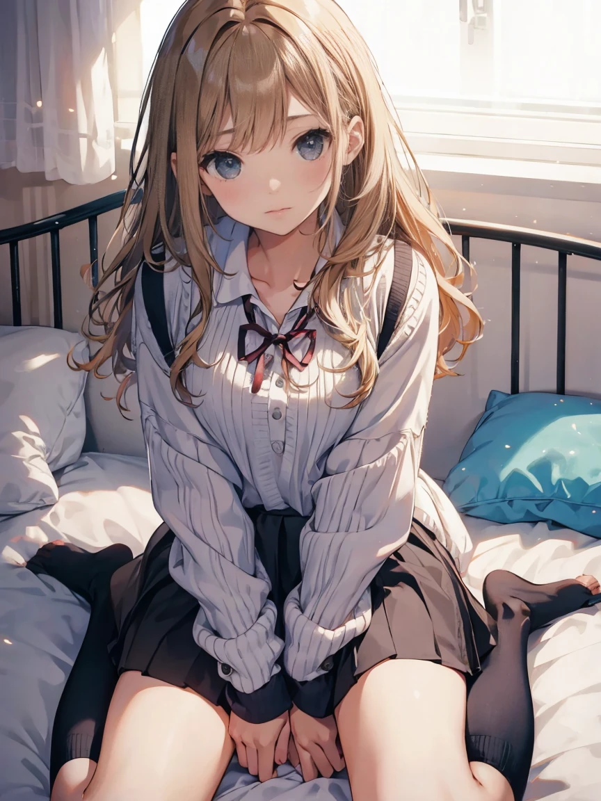 girl, (wariza:1.4), sit, skirt, On the bed