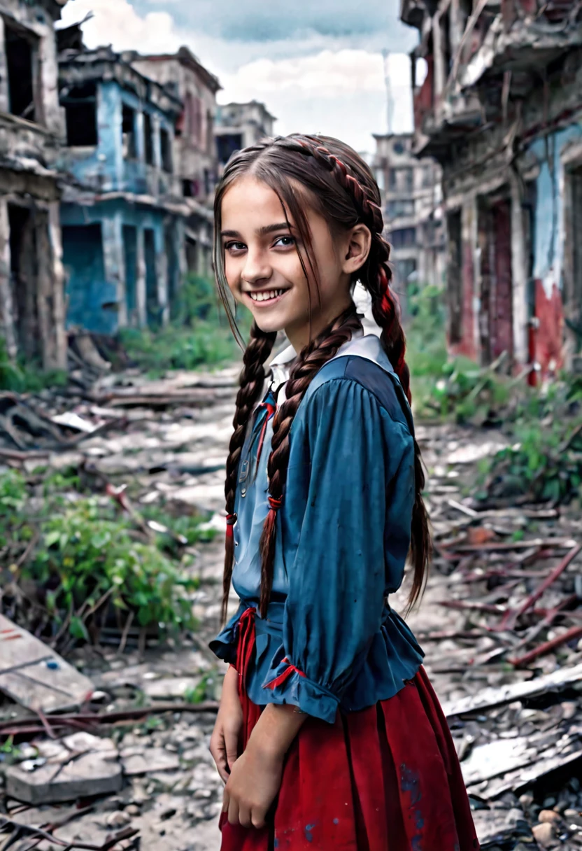 13 year old, horrible smile, nasty, olhar malicioso, clayey espressa,, morbid abandoned city background with bluish tone with red, drawning, ful dressed, straight hair with braid above the shoulder.
