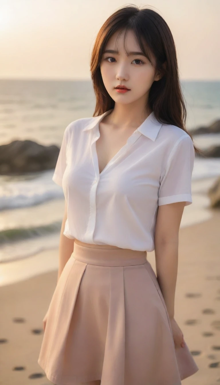 Beautiful Korean Woman, Chest size 34 inches, wear a light skirt, Looking at the sea from the beach at sunset. beautiful pretty woman look , wearing a light skirt , burning sunset light, short medium hair, 1 woman, beautiful eyes, With a sad expression, uhd