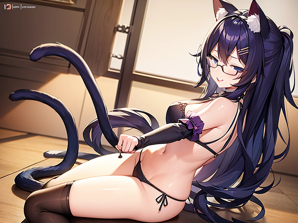 (Masterpiece), (best quality), Cat girl, 20 years old, long hair, dark purple hair, chest, blue eyes, cat ears and cat tail, wears round glasses, sticks out tongue, sleeps on a bed.