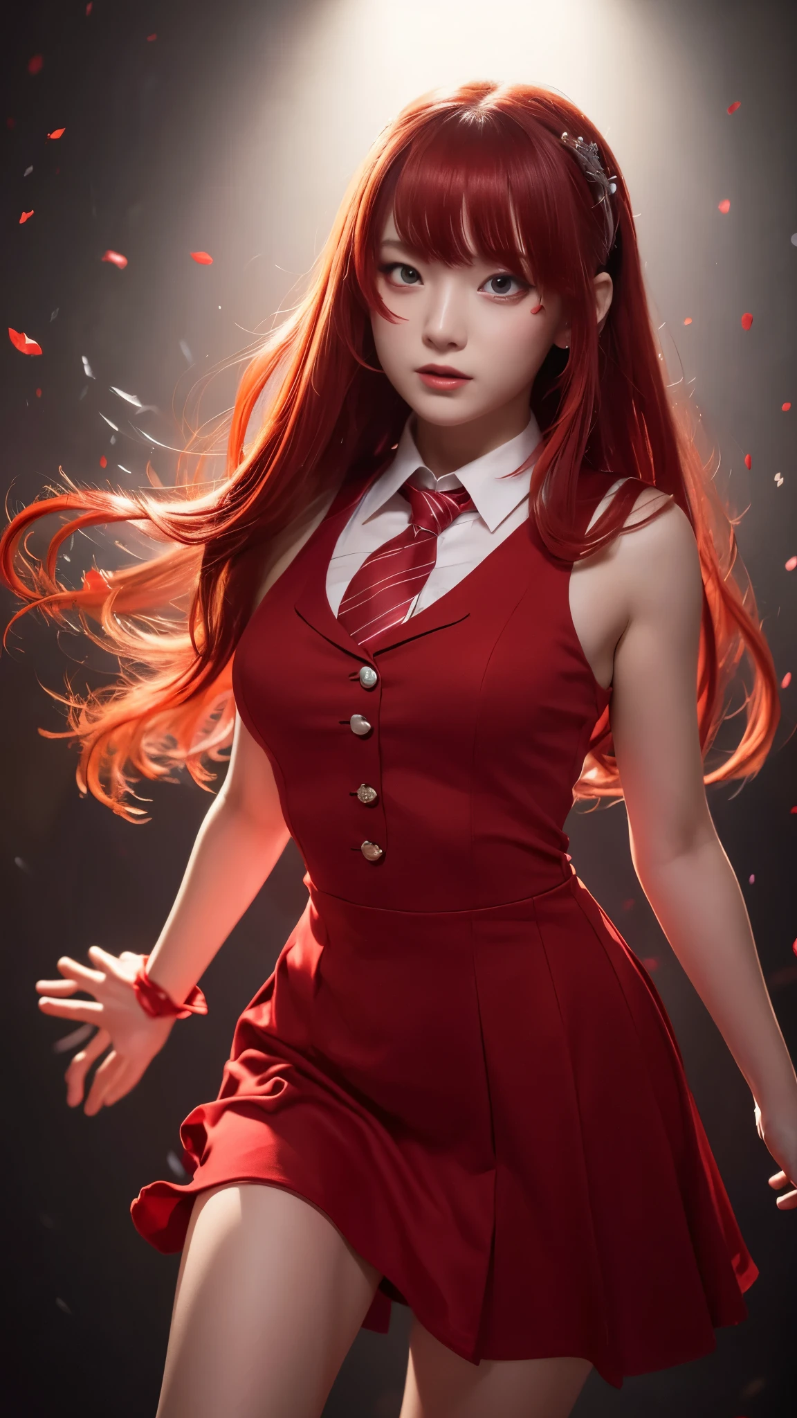 highly detailed, 8K, masterpiece, One girl, Red tie_hair, dress , crazy_笑face, (perfection_face), detailed_background, full_body, bloom,(Beautiful lighting:1.3), Caustics, Dynamic Lighting, from_Under 