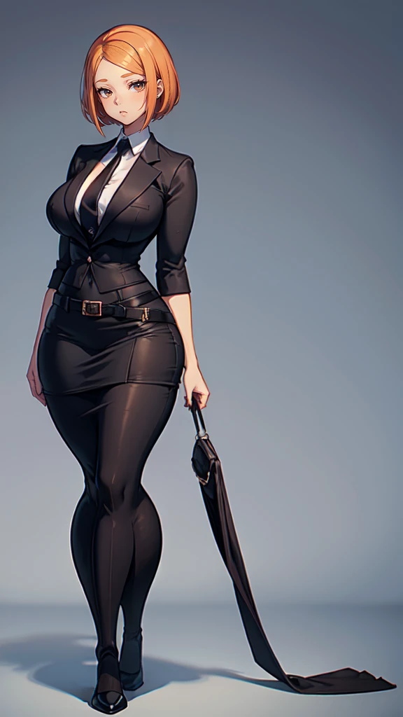blank background, (((full body))), (masterpiece), ((best quality)), ((tall girl)), straight hair (curvy:1.7), (short skirt), shoes, belt below navel, ginger hair,, (black suit and tie), wide hips