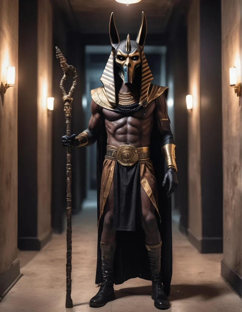 a man dressed as realistic walking dead Anubis halloween costume design, intimidating psychopathic man, anubis mask, dark energy, black costume, holding a staff, full body highly detailed, cinematic lighting, dramatic atmosphere party entrance, photorealistic, 8K, masterpiece