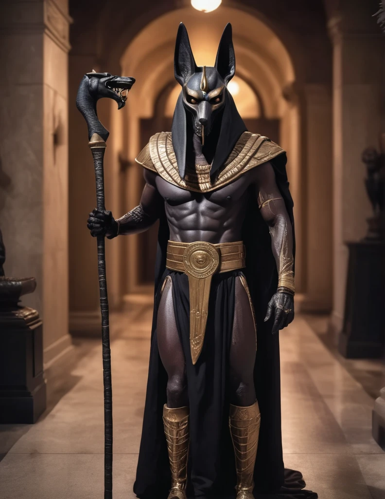 a man dressed as realistic walking dead Anubis halloween costume design, intimidating psychopathic man, anubis mask, dark energy, black costume, holding a staff, full body highly detailed, cinematic lighting, dramatic atmosphere party entrance, photorealistic, 8K, masterpiece